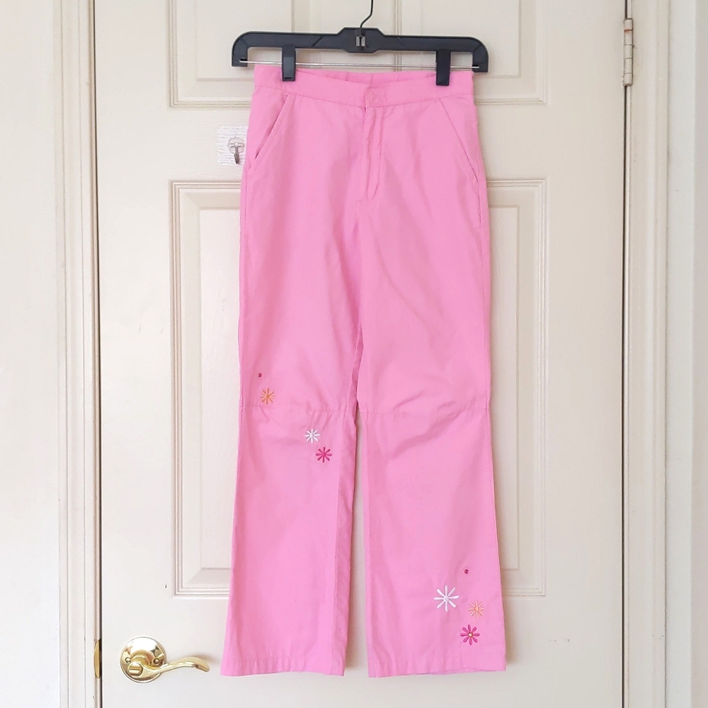 Cotton Nylon Pant w/Multicolor Crystals/Embroidered Flowers & Back Leg Opening.